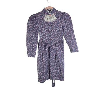 Vtg 70s 80s Girls Purple Floral Long Sleeve Prairie Dress